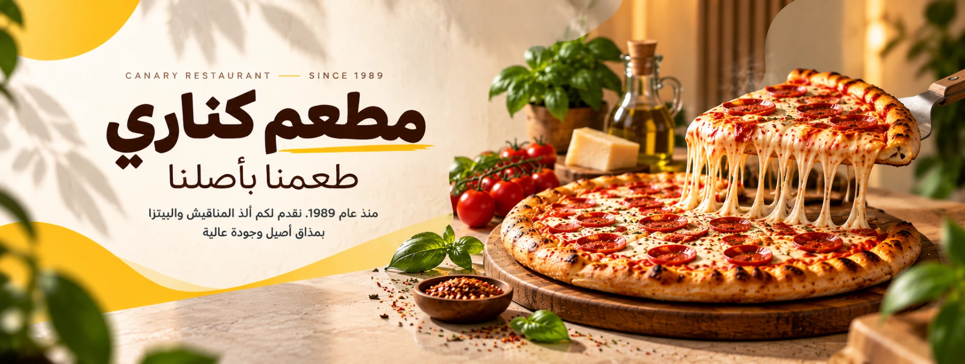 مطعم كناري — طعمنا بأصلنا، بيتزا بجبنة ذائبة على لوح خشبي